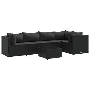 vidaXL 6-Piece Patio Lounge Set with Cushions, Black Poly Rattan - Outdoor Sofa Sectionals, Coffee Table, Modular Design for Garden, Terrace, Deck - 1 of 4
