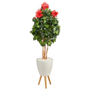 Nearly Natural 58-in Hibiscus Artificial Tree in White Planter with Stand - 1 of 4