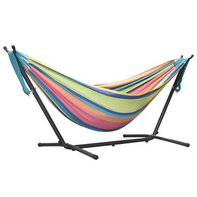 Vivere Double Cotton Hammock, Comfortable Hanging Daybed, Outdoor Relaxing Lounger with Steel Stand and Carry Bag, 9 Foot, Byron Bay