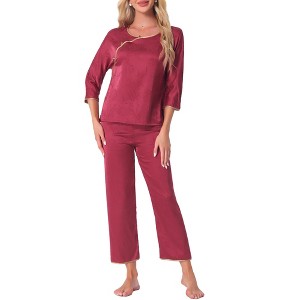 cheibear Women's Silky Long Sleeve Floral Round Neck Hanfu Loungewear Pajama Set - 1 of 4