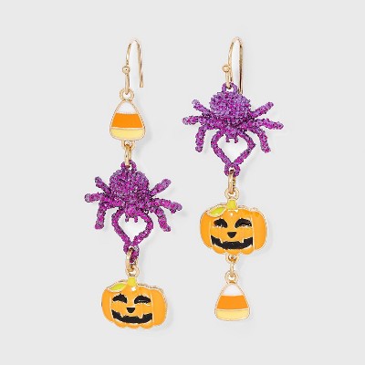 Halloween Spider Pumpkin Drop Earrings - Purple/Orange