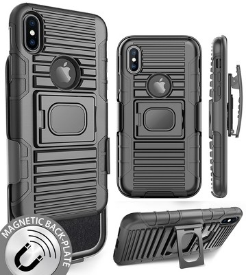 Nakedcellphone Combo for iPhone X / 10 - Ring Grip/Stand Case and Belt Clip Holster - Black