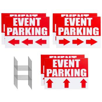 Juvale 6 Pack Outdoor Event Parking Signs with Arrows, Double Sided Corrugated Plastic Yard Signage with Stakes in 3 Designs, 12 x 17 In