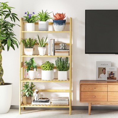SKONYON 4-Tier Natural Bamboo Plant Stand Indoor Ladder Shelf
