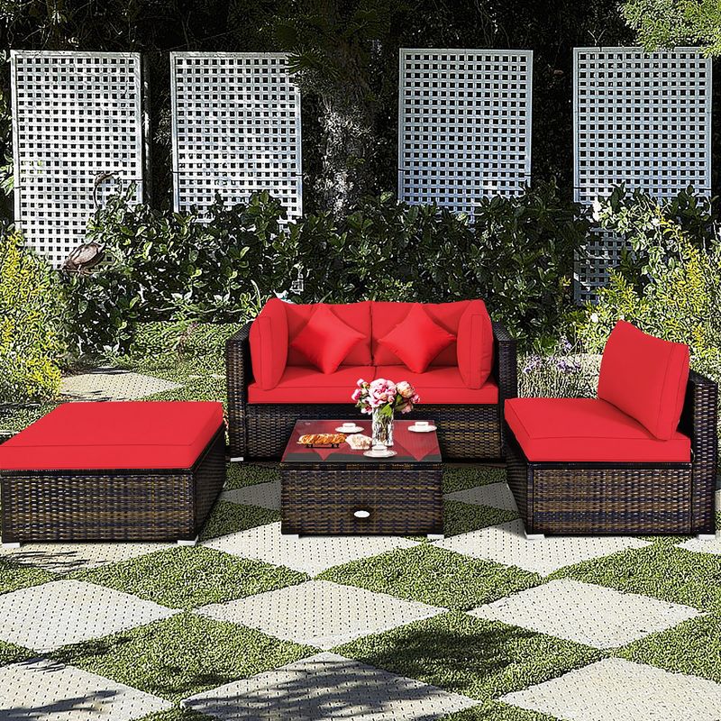 Costway 5PCS Outdoor Patio Rattan Furniture Set Sectional Conversation W/Red Cushions, 1 of 9