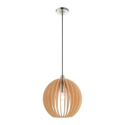 Mini Globe Brushed Nickel Pendant with Round Wood Shade