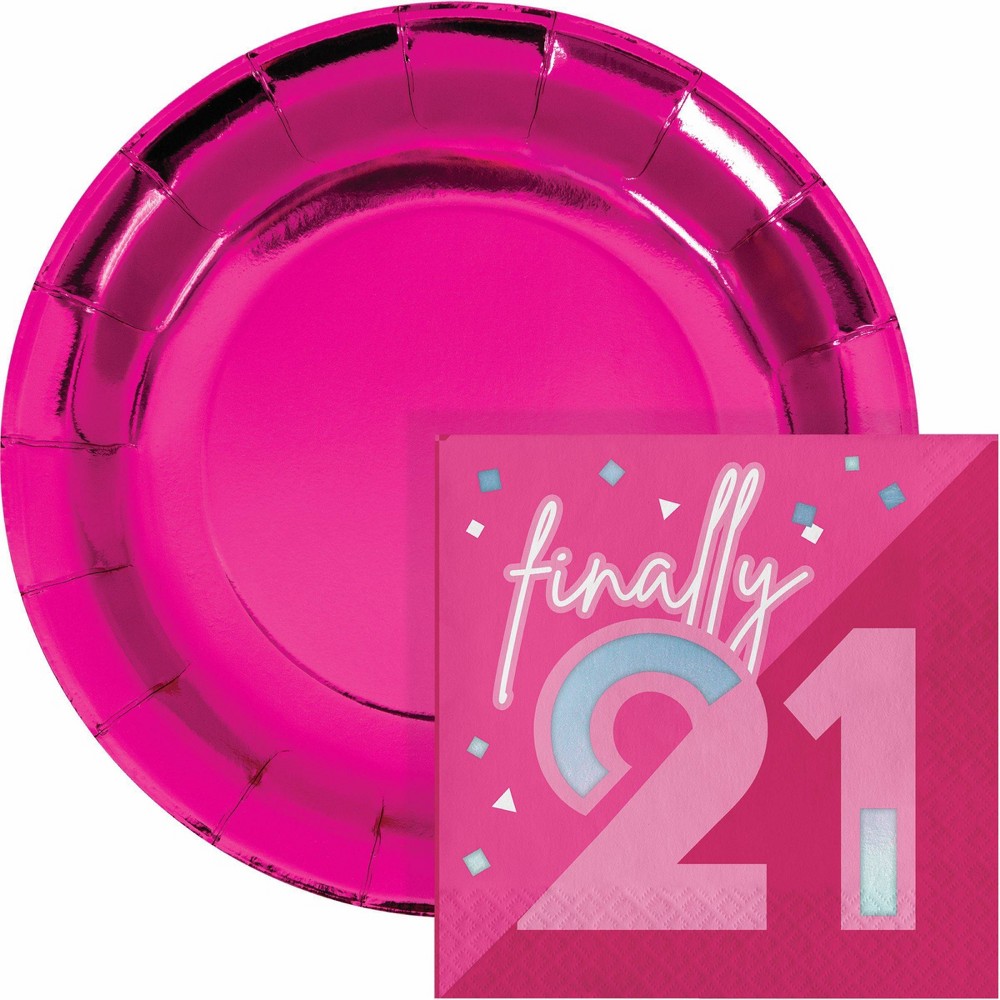 Creative Converting Hot Pink Foil 21st Birthday Plates and Napkins Set 16ct