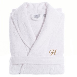 Linum Home Textiles 100% Turkish Cotton Unisex Personalized Terry Bathrobe White in Gold Script Font - 1 of 2