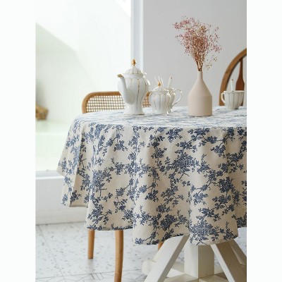 Attop Pastoral Round Tablecloth - 60 Inch Dia. - Beige Linen Table Cloth - Washable Table Cover with Dust-Proof Resistant Floral Dark Blue