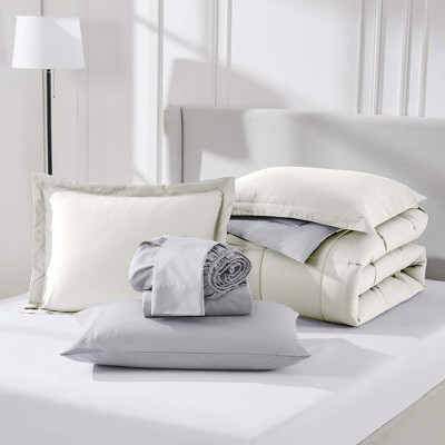 Queen Size Off White and Light Grey Reversible Microfiber Bedding Set