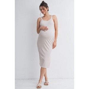 Hello Miz Women's Ribbed Bodycon Double Strap Side Slit Maternity Midi Dress - Taupe/White - Medium
