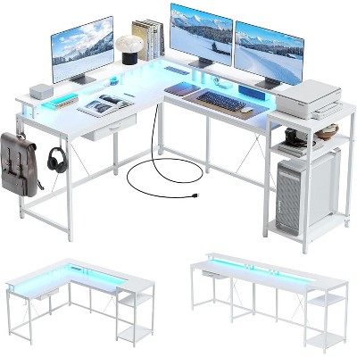 68 inch Gaming Desk with Power Outlet, Reversible L Shaped Desk with Monitor Stand & Storage Shelves, Corner Computer Desk