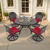 5-Piece Round Cast Aluminum Patio Set with Swivel Chairs,Red Cushions,and Umbrella Hole - 2 of 4