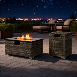 BAOURE 32" Outdoor Propane Fire Pit Table with Beige Wicker Base & Tank Cover 50000 BTU Patio Heater, Rectangular Steel Design for Deck & Garden - 1 of 4