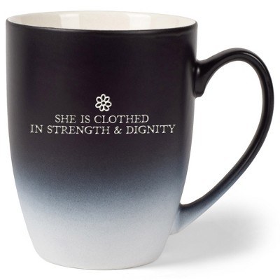 Elanze Designs She Is Clothed In Strength And Dignity Two Toned Ombre Matte Black and White 12 ounce Ceramic Stoneware Coffee Cup Mug