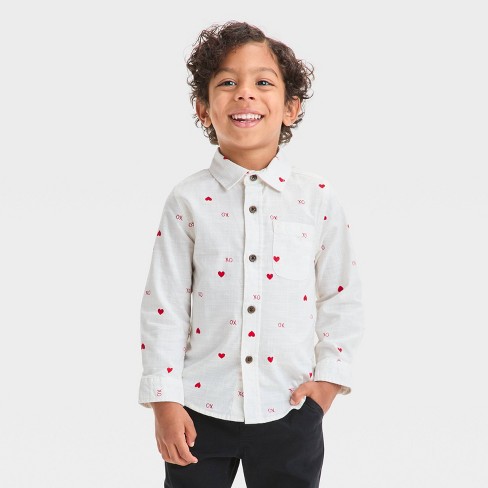 Toddler Boys Long Sleeve Heart Printed Woven Shirt Cat Jack Cream 3t Target