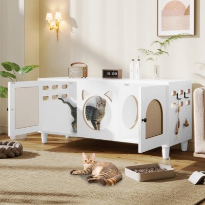 LunaLulinlk Furniture Style Cat Cabinet Cream white Cat litter box With Sisal scratching door Cat friendly furniture