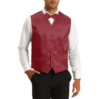 Lars Amadeus Men's V-Neck Business Wedding Satin Suit Vest with Bow Tie Set