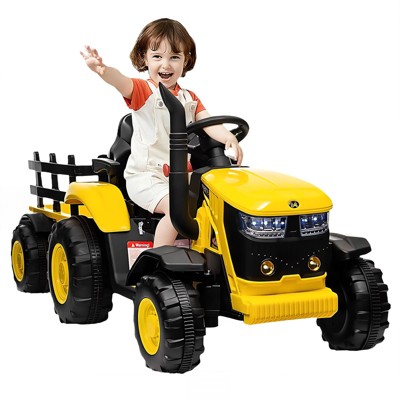 12V Battery Powered Kids Ride On Tractor, Kids Tractor with Remote Control & Detachable Trailer, Bluetooth, Music & LED Lights for Kids 3-6