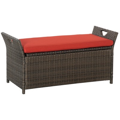 Outsunny 29 Gallon Patio Wicker Storage Bench, Outdoor PE Rattan Patio Furniture, 2-In-1 Footstool Rectangle Basket Box w/ Handles and Cushion