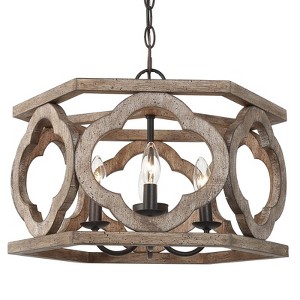 LNC Quaint 3-Light 15.5" Farmhouse Lantern Small Chandelier, Antique Bronze and Distressed White Wood - 1 of 4