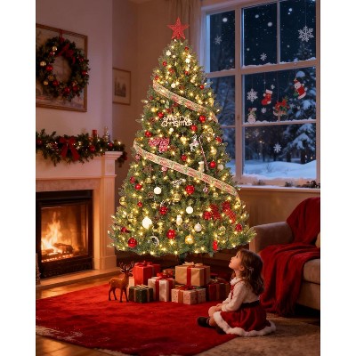 COZONY Pre-Lit Fraser Fir Artificial Christmas Tree, 4-Color LED, Hinged, 659 Tips, Steady/Flash Modes, Natural Full Look, Easy Assembly