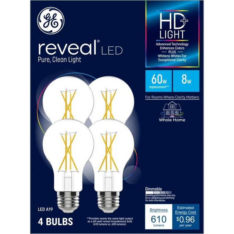 GE 8W 4pk Reveal A19 LED Medium Base Light Bulbs, 1 of 5