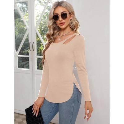 Clearlove Women’s Long Sleeve Cutout Asymmetrical Neck Tshirt Slim Fit Tunic Blouse with Side Split Slit Casual Solid Tops