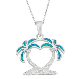 Opalata Sterling Silver, Blue Inaly Opal Two Palm Trees Heart 18" Pendant Necklace - Blue - 1 of 2