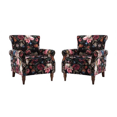 Set of 2 Araceli Traditional Wooden Upholstered Floral Armchair with Wingback and Nailhead Trim | ARTFUL LIVING DESIGN