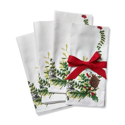 tagltd Winter Sprig White Cotton Napkin with Pinecone and Holly Set Of 4