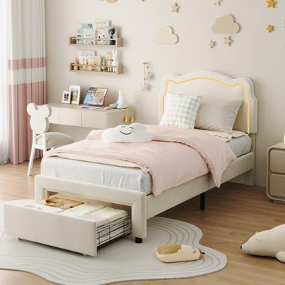 Homhougo Twin Size Platform Bed Frame, Velvet Upholstered Bed Frame with Height Adjustable Bear-Shaped Headboard and Drawer Beige