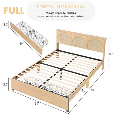 coucheta Rattan Bed Frame with Natural Rattan Headboard and 2 Storage Drawers,Bed Frame with LED and Metal Platform with Strong Wooden Slats Support
