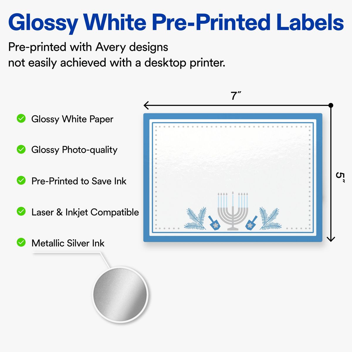 Avery® Labels, 5" x 7", Glossy, Silver Menorah Frame, 40 - thumbnail 2