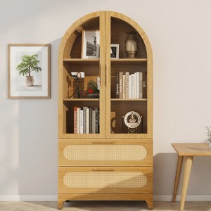 FONTOI 60" / 63" Arched Storage Cabinet with Glass Doors & Rattan Drawers, 5 Tier Display Cabinet for Living Room, Kitchen, Dining Room - 1 of 4