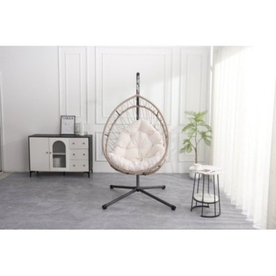 Maggift Patio Accent Outdoor Outdoor Egg-shaped Hanging Chair with Stand Patio Egg-shaped Swing Chair Indoor Rocking Chair, Beige, 42.5"*32.5"*77.95"