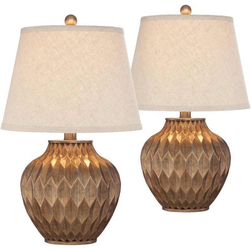 360 Lighting Modern Accent Table Lamps 22" High Set of 2 Warm Bronze Geometric Urn Tapered Drum Shade for Living Room Family Bedroom Office, 1 of 9