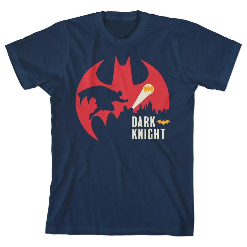 Youth Boys Navy Blue Batman Symbol Gotham City Skyline Graphic Tee Shirt, 1 of 2