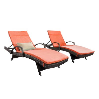 Salem Set of 2 Brown Wicker Adjustable Chaise Lounge with Arms - Orange - Christopher Knight Home: Weather-Resistant, Cushion Included