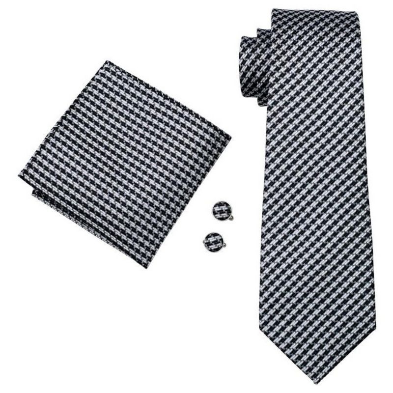 Men's Black And White Houndstooth Plaid 100% Silk Neck Tie With Matching Hanky And Cufflinks Set, 1 of 5
