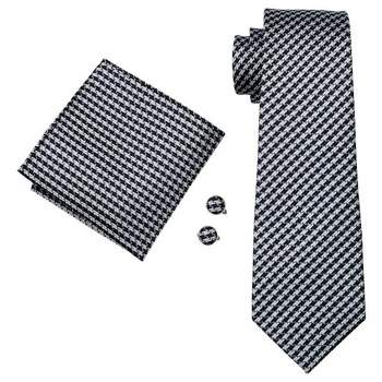 Men's Black And White Houndstooth Plaid 100% Silk Neck Tie With Matching Hanky And Cufflinks Set