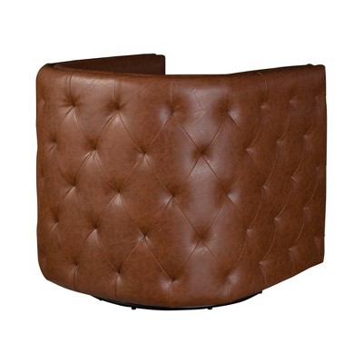 Brown Faux Leather Barrel Swivel Accent Chair with Wood Frame