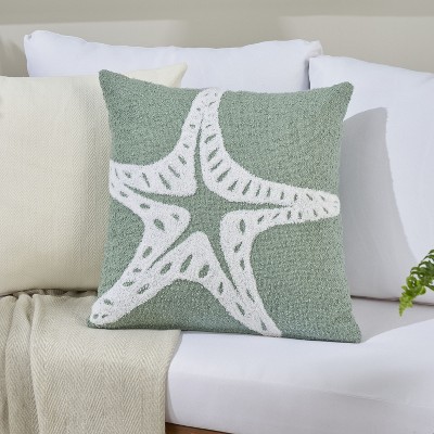 Aqua Embroidered Starfish 18" Square Indoor Outdoor Pillow