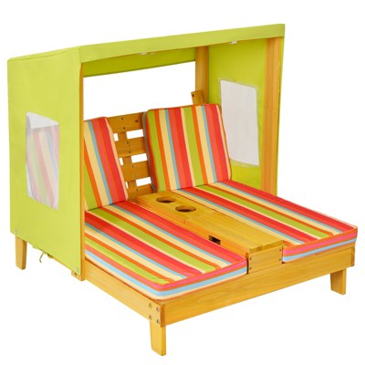 Tangkula Kids Patio Double Chaise Lounge Outdoor Wooden Recliner w/Canopy & Cup Holder
