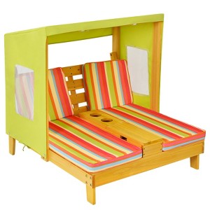 Tangkula Kids Patio Double Chaise Lounge Outdoor Wooden Recliner w/Canopy & Cup Holder - 1 of 4