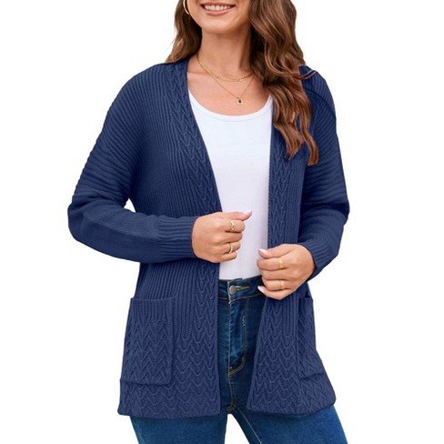 Cardigan Sweaters for Women Open Front Chunky Long Sleeve Cable Knit Cardigan Outwear with Pockets Longline Sweater Cardigan Navy S