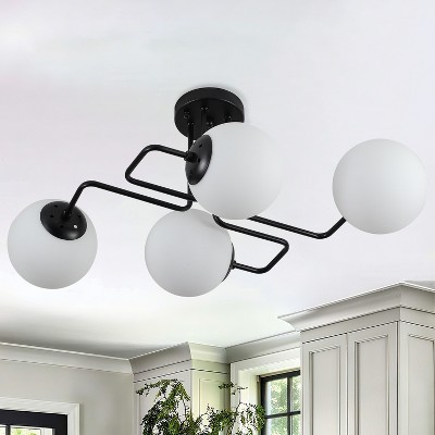 PAKOKULA 4-Light Black Sputnik Semi-Flush Mount Ceiling Light with White Globe Glass Shades, Modern Dimmable Fixture for Kitchen Island