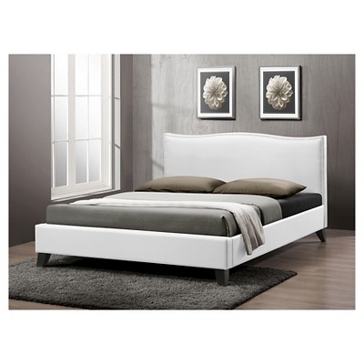 Queen White Faux Leather Upholstered Bed with Nailhead Trim