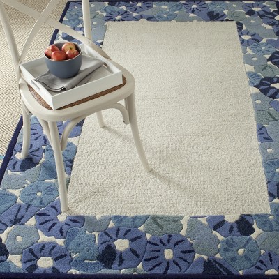 Azurite Blue Floral Border Hand-Tufted Wool Rug, 5' x 8'