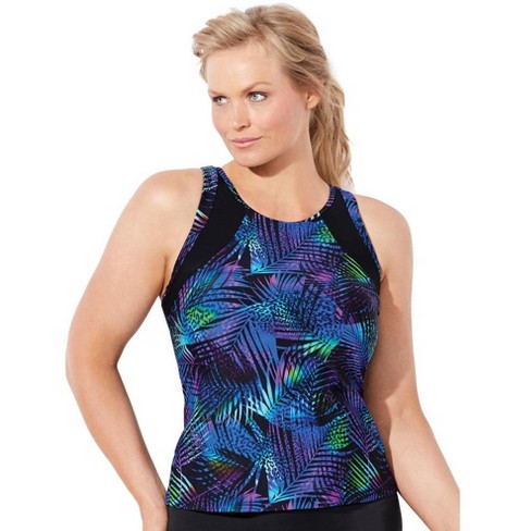 Swimsuits For All Women's Plus Size Chlorine Resistant High Neck Racerback Tankini  Top, 8 - Neon Palm : Target